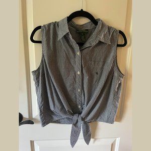 Lauren Ralph Lauren Gingham Sleeveless Cropped Button Down Blouse w/ Tie Detail